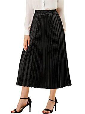 Womens Metallic Pleated Midi Skirt High Waist A Line Party Club Skirt Shiny